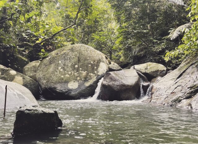 Aliran Air Sungai Alami Jernih Berbatu di Hutan Rekreasi Sungai Talan Chembong Rembau