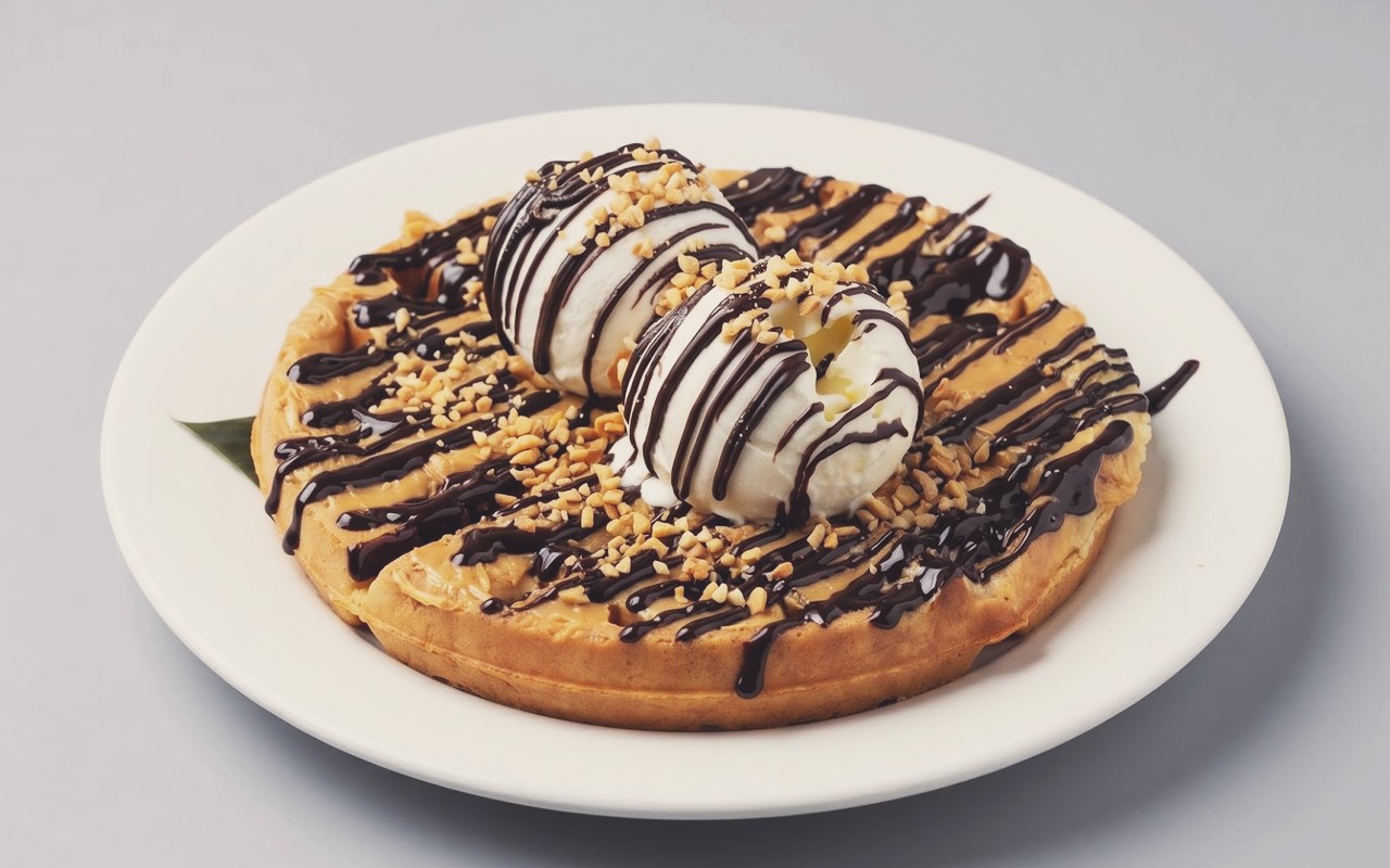 Hide Or Out Cafe & Space (H2O Tampin) - Pencuci mulut wafel artisan gebu dihiasi dua skop aiskrim vanila dan limpahan sos coklat gelap.